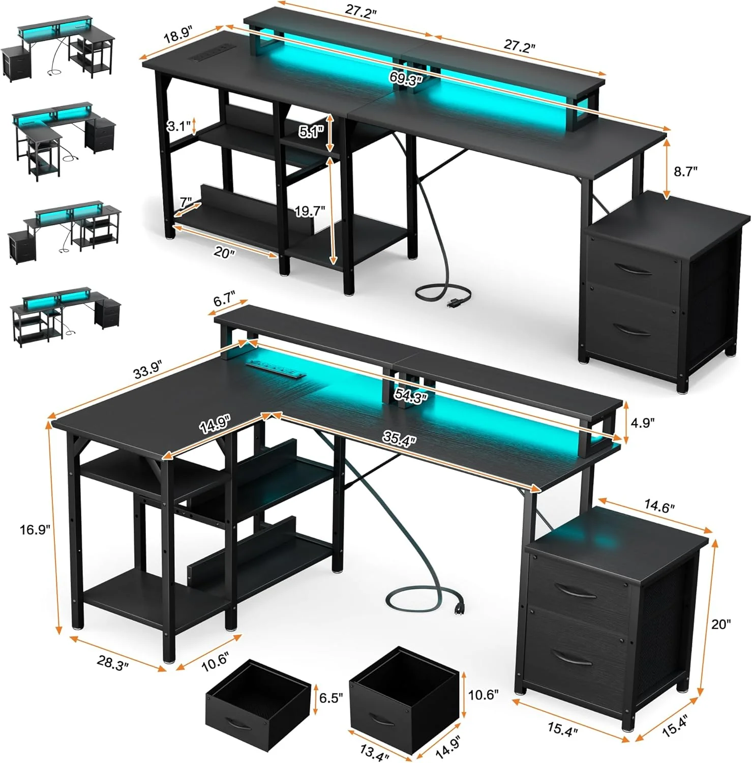 L Shaped Gaming Desk with Power Outlets & LED Lights - Image 5