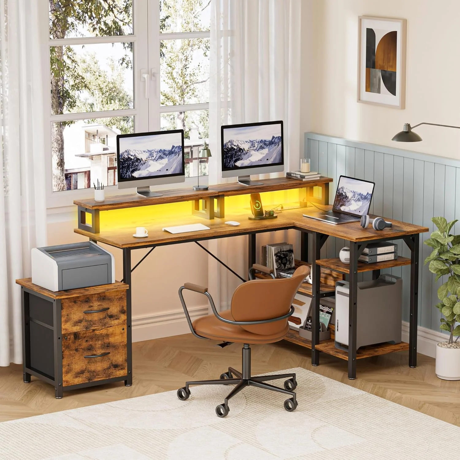 L Shaped Gaming Desk with Power Outlets & LED Lights - Image 9